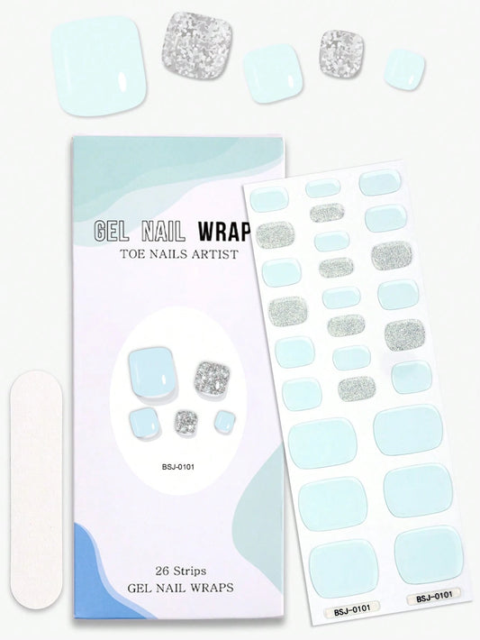 Gel nail wrap set with blue and silver design on a white background