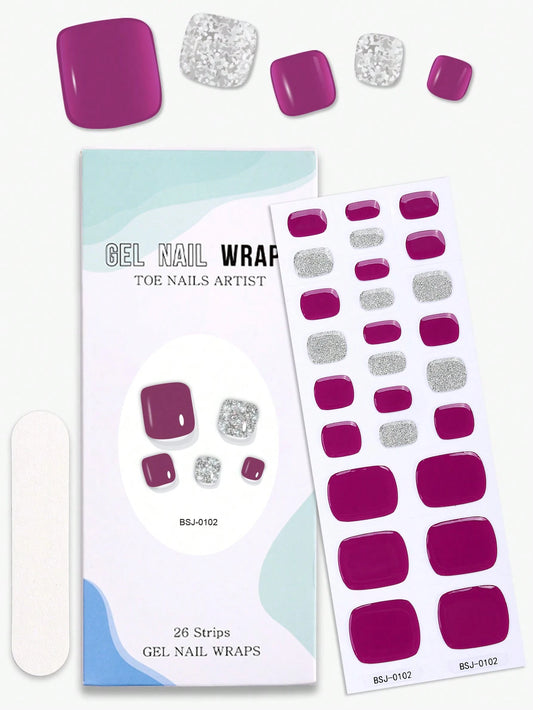 Mulberry Muse - Deep Mulberry & Silver Glitter Semi-Cured Gel Pedicure Wrap