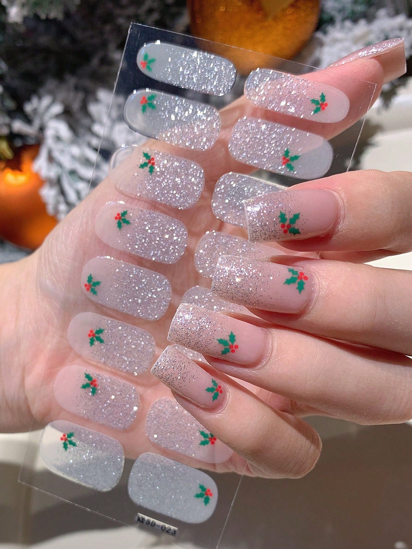 Under the Mistletoe - Nude Pink Glitter Mistletoe Fully Cured Gel Nail Wraps