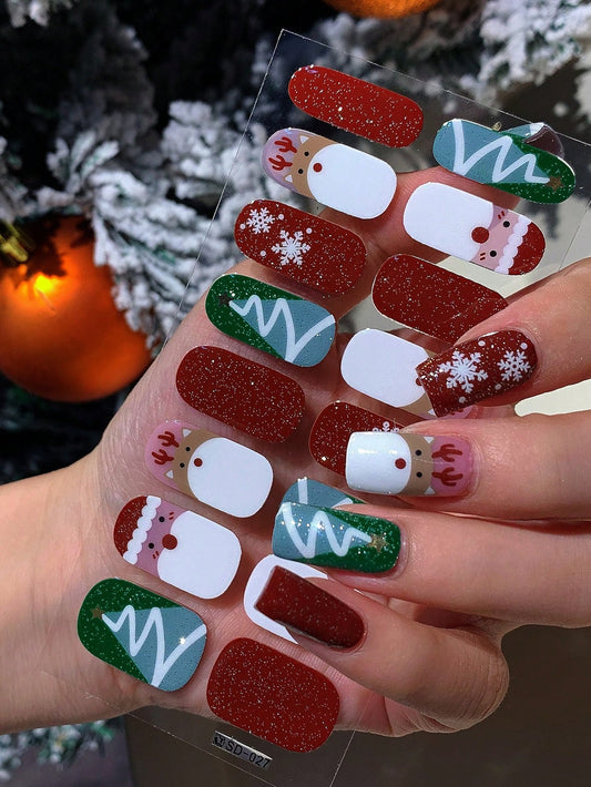 Dasher & Dancer - Green Red Santa and Deer Fully Cured Gel Nail Wraps