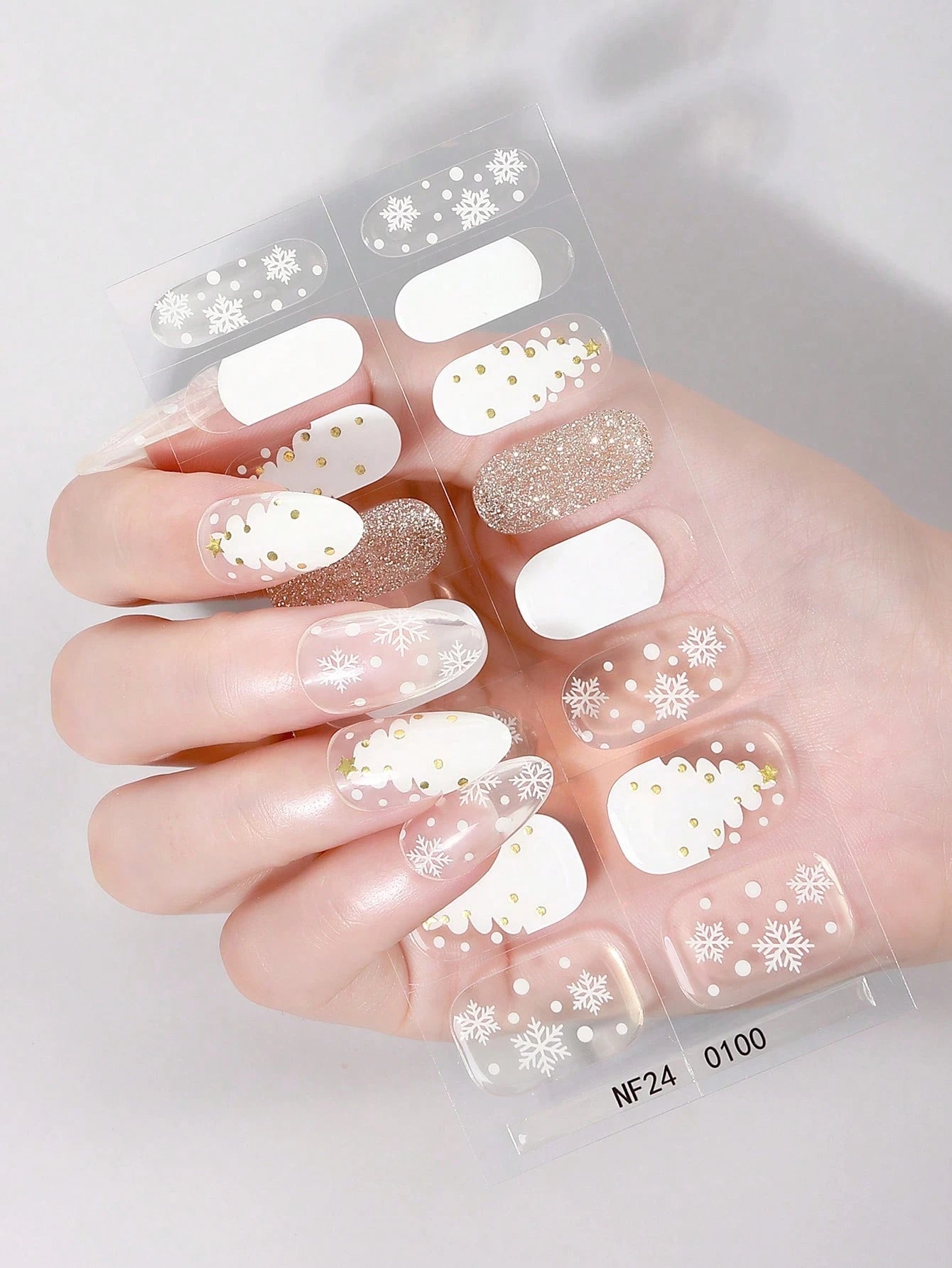 Winter Wonderland - French Tips, Delicate White Snowflakes, Gold Studded Christmas Trees Semi-Cured Gel Nail Wraps