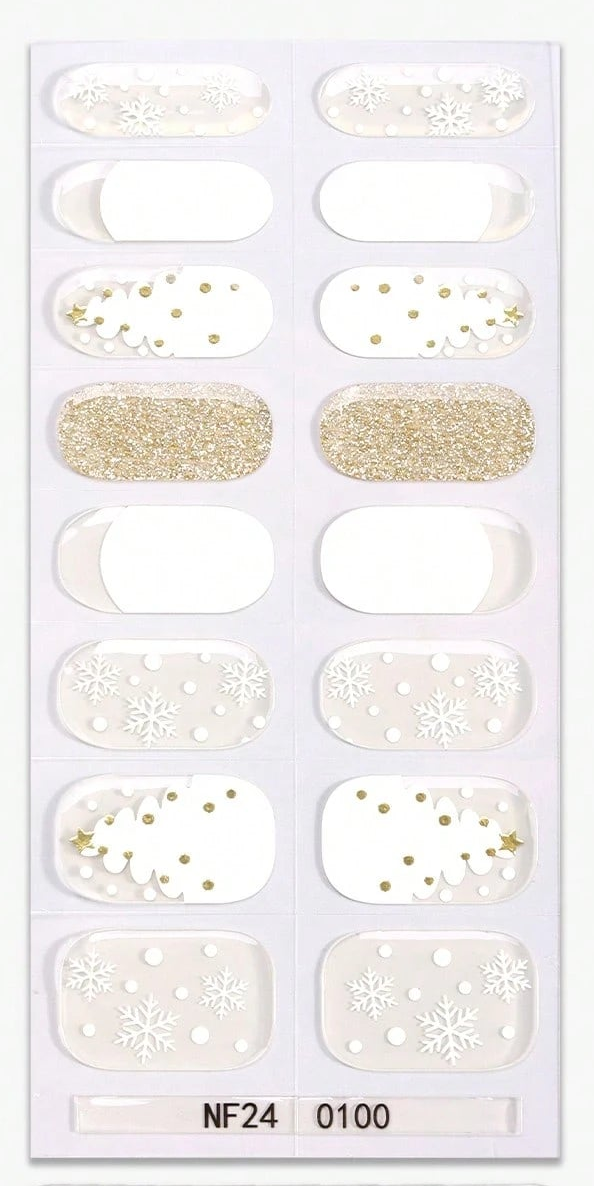 Winter Wonderland - French Tips, Delicate White Snowflakes, Gold Studded Christmas Trees Semi-Cured Gel Nail Wraps