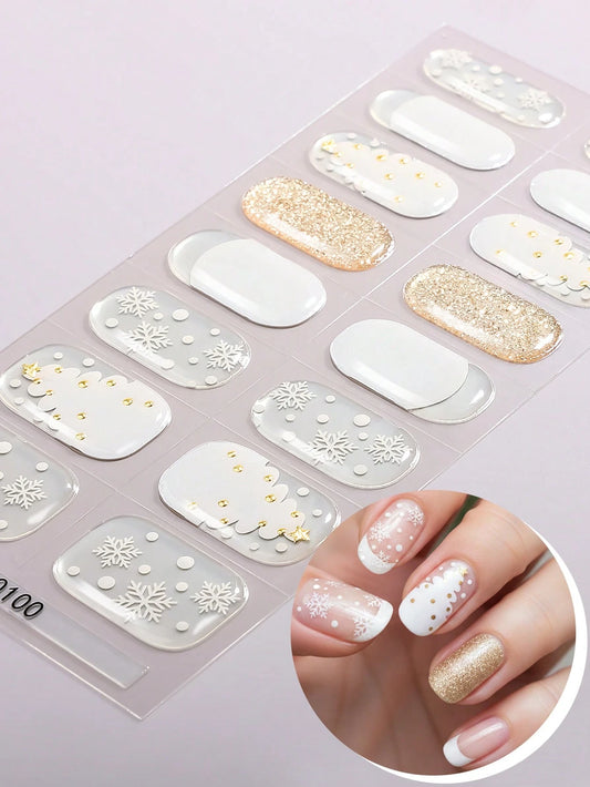 Winter Wonderland - French Tips, Delicate White Snowflakes, Gold Studded Christmas Trees Semi-Cured Gel Nail Wraps