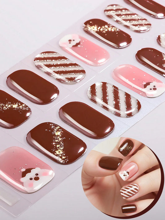 The Gingerbread Man - Chocolate Brown & White Candy Stripes Semi-Cured Gel Nail Wraps